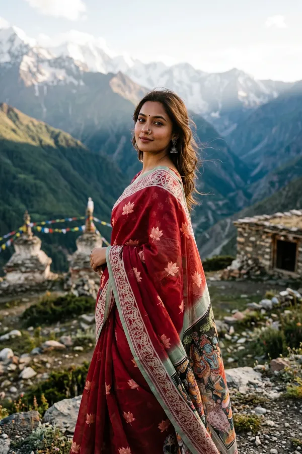 Dark_Maroon_color_Kalamkari_design_Printed_Chanderi_Cotton_saree
