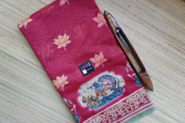 Dark_Maroon_color_Kalamkari_design_Printed_Chanderi_Cotton_saree
