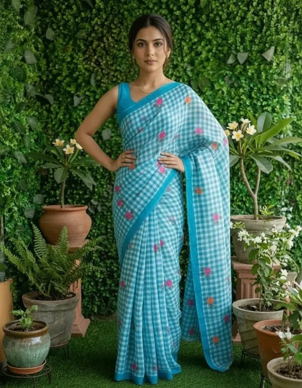 Blue_and_White_Beautiful_Chex_Printed_Cotton_Saree