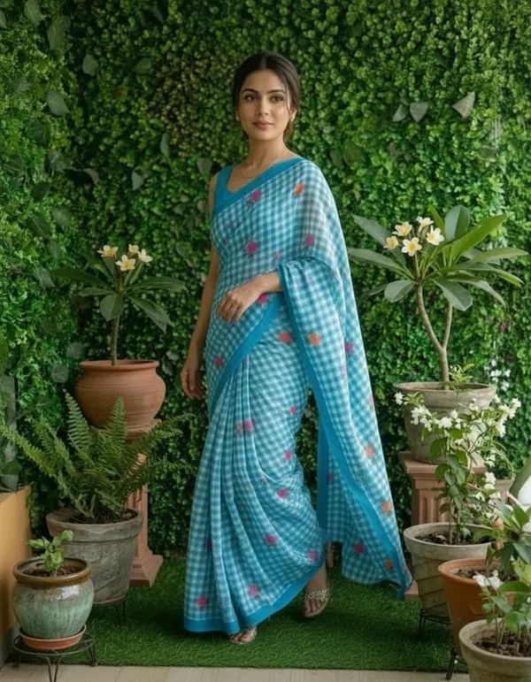 Blue_and_White_Beautiful_Chex_Printed_Cotton_Saree