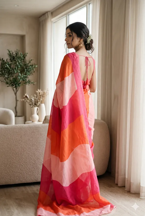 Multicolor_(_pink,_orange,_Baby_pink_)_Linen_Cotton_Printed_Saree_
