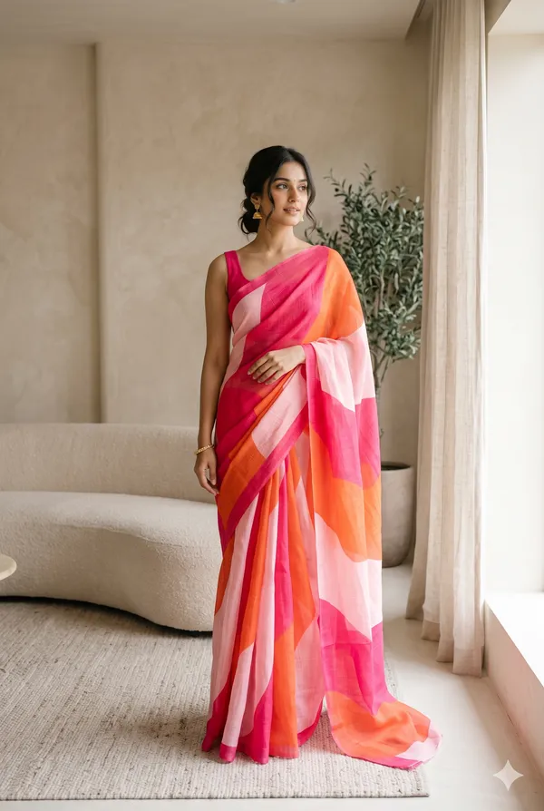Multicolor_(_pink,_orange,_Baby_pink_)_Linen_Cotton_Printed_Saree_