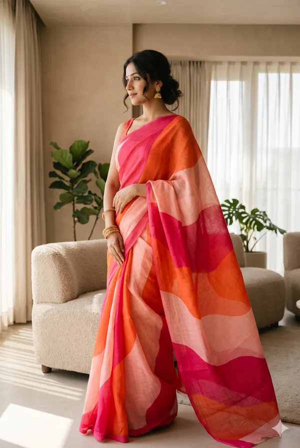 Multicolor_(_pink,_orange,_Baby_pink_)_Linen_Cotton_Printed_Saree_