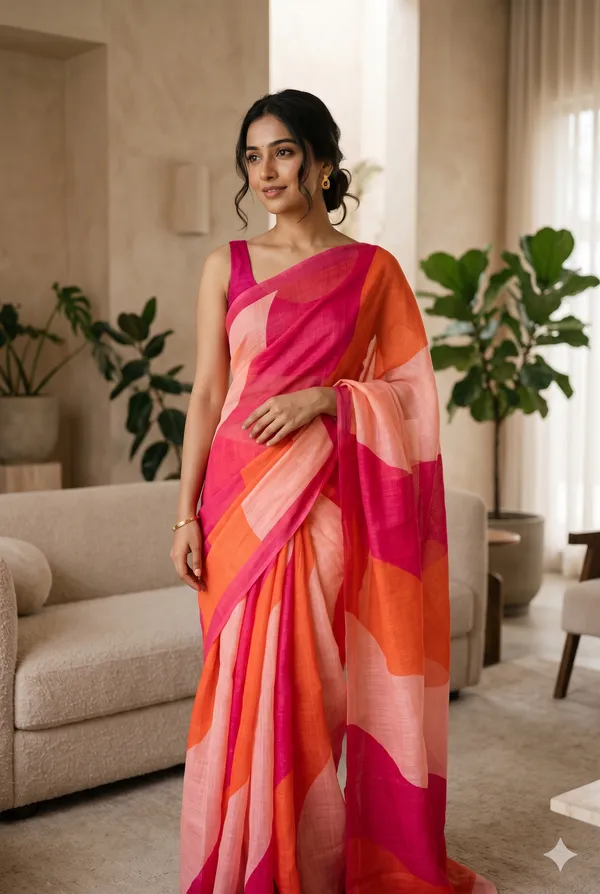 Multicolor_(_pink,_orange,_Baby_pink_)_Linen_Cotton_Printed_Saree_