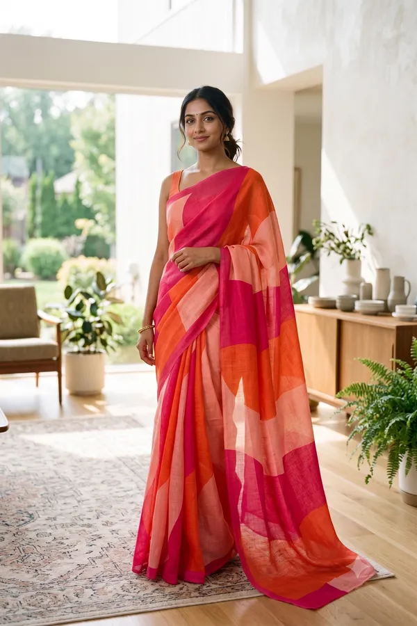 Multicolor_(_pink,_orange,_Baby_pink_)_Linen_Cotton_Printed_Saree_