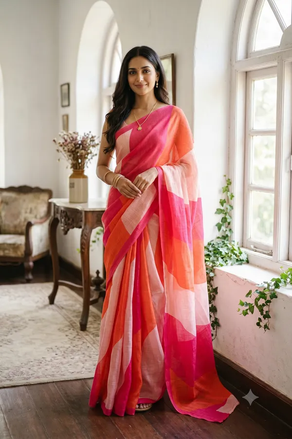 Multicolor_(_pink,_orange,_Baby_pink_)_Linen_Cotton_Printed_Saree_