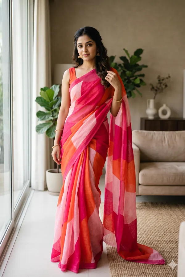Multicolor_(_pink,_orange,_Baby_pink_)_Linen_Cotton_Printed_Saree_