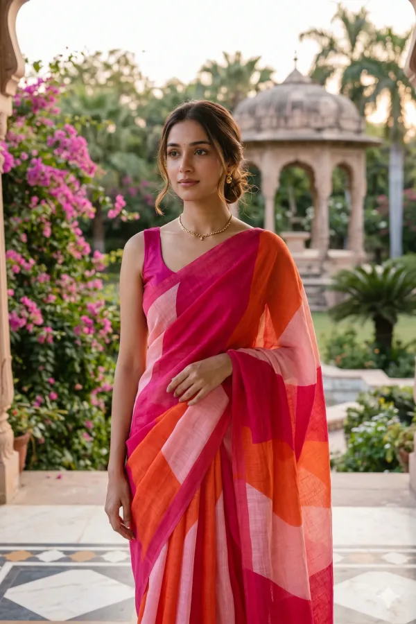 Multicolor_(_pink,_orange,_Baby_pink_)_Linen_Cotton_Printed_Saree_