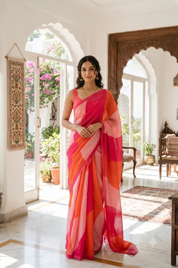 Multicolor_(_pink,_orange,_Baby_pink_)_Linen_Cotton_Printed_Saree_