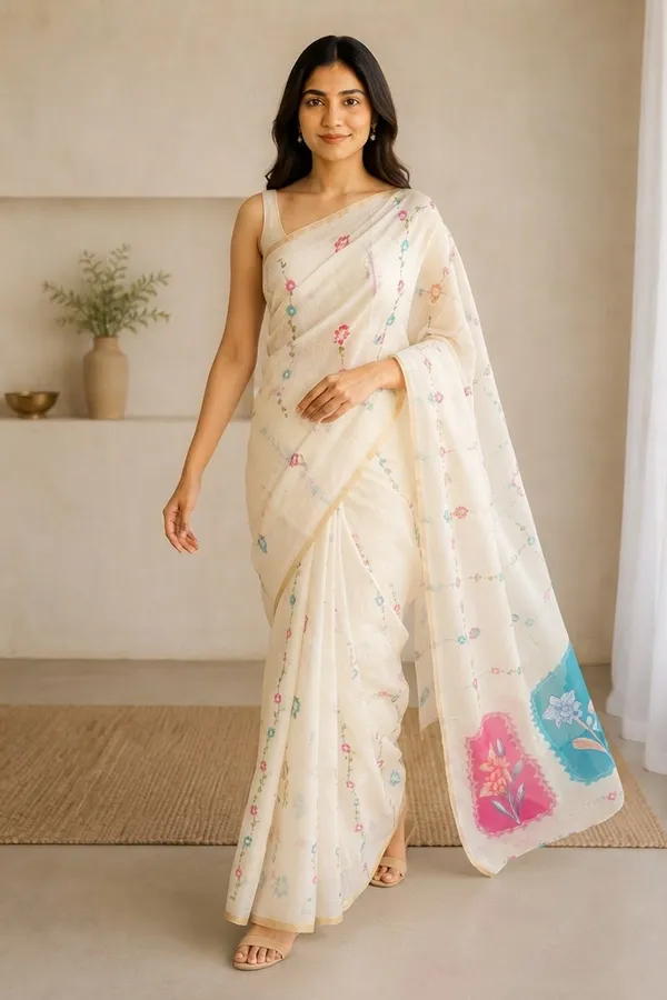 Half_White_Beautiful_Printed_Cotton_Casual_Light_Weight_Saree