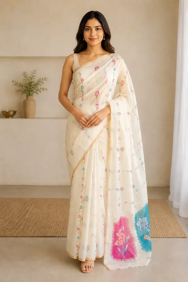 Half_White_Beautiful_Printed_Cotton_Casual_Light_Weight_Saree