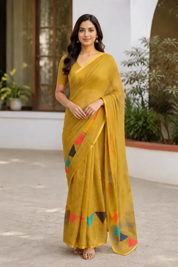 Triangle_Border_Design_Printed_Mehndi_Green_Cotton_Casual_Light_Weight_Saree_For_Women