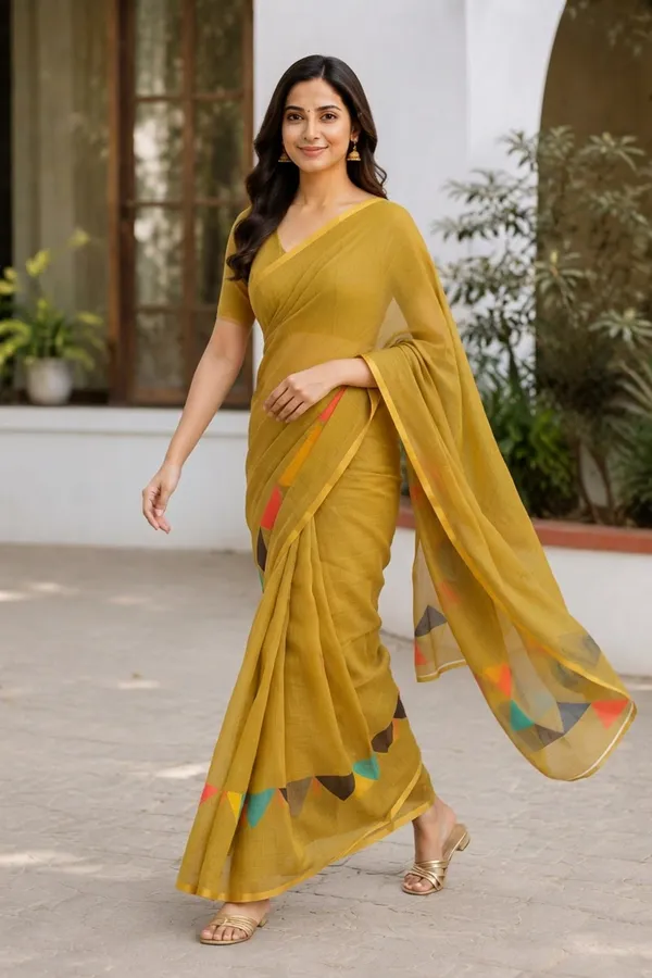 Triangle_Border_Design_Printed_Mehndi_Green_Cotton_Casual_Light_Weight_Saree_For_Women