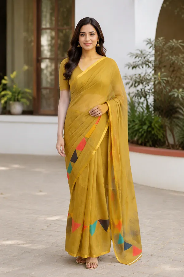 Triangle_Border_Design_Printed_Mehndi_Green_Cotton_Casual_Light_Weight_Saree_For_Women