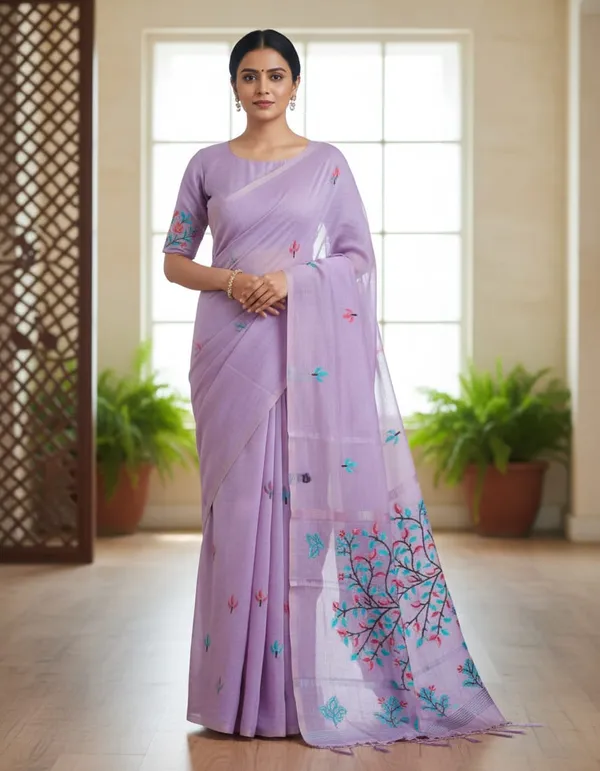 Mauve_color_Beautiful_Thread_Work_Soft_Cotton_Saree