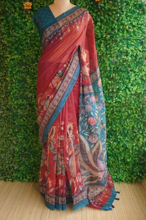 Maroon_Color_Peacock_design_Printed_Chanderi_cotton_Saree