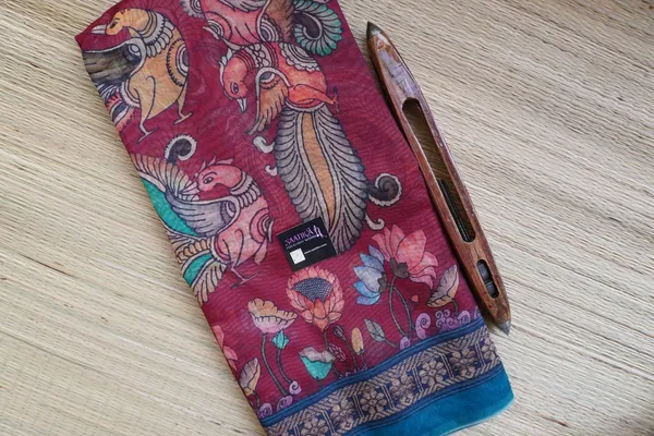 Maroon_Color_Peacock_design_Printed_Chanderi_cotton_Saree