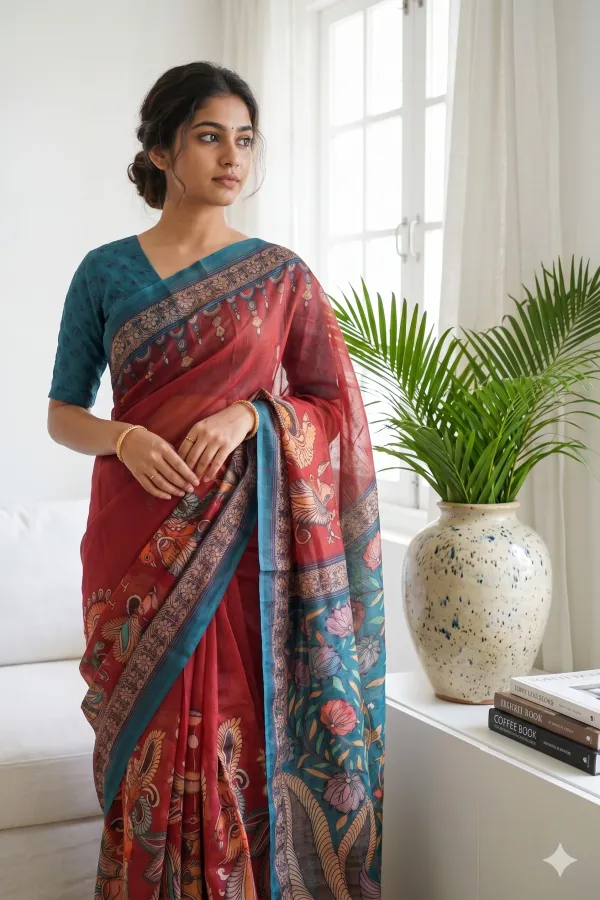 Maroon_Color_Peacock_design_Printed_Chanderi_cotton_Saree