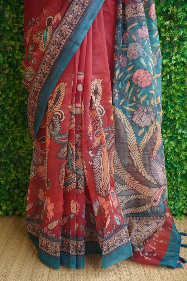 Maroon_Color_Peacock_design_Printed_Chanderi_cotton_Saree