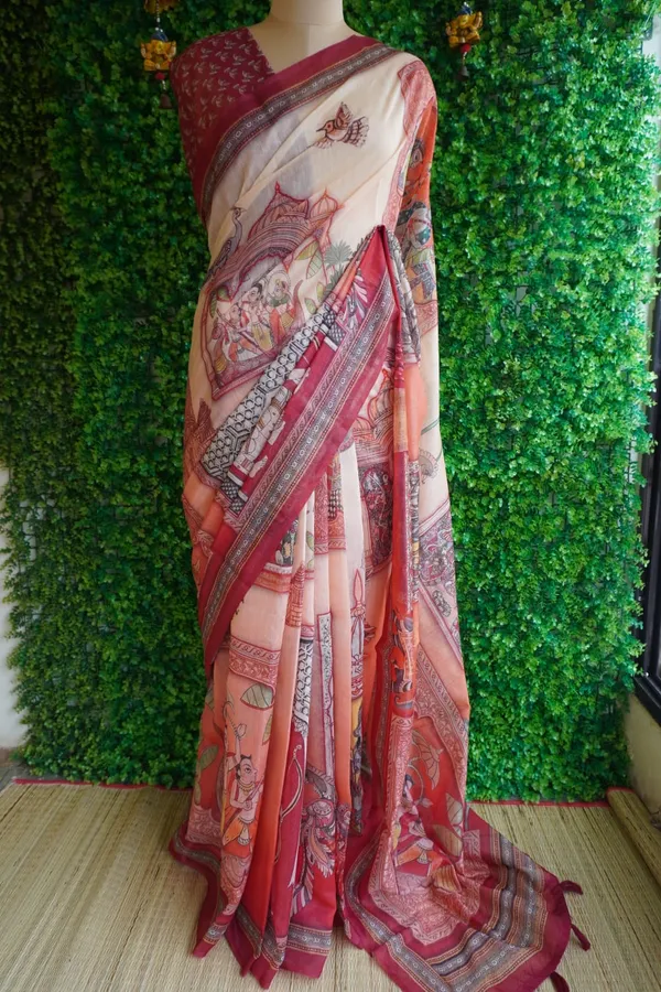 Sunset_Orange_color_Ramayana_inspired_Printed_Chanderi_Cotton_Saree