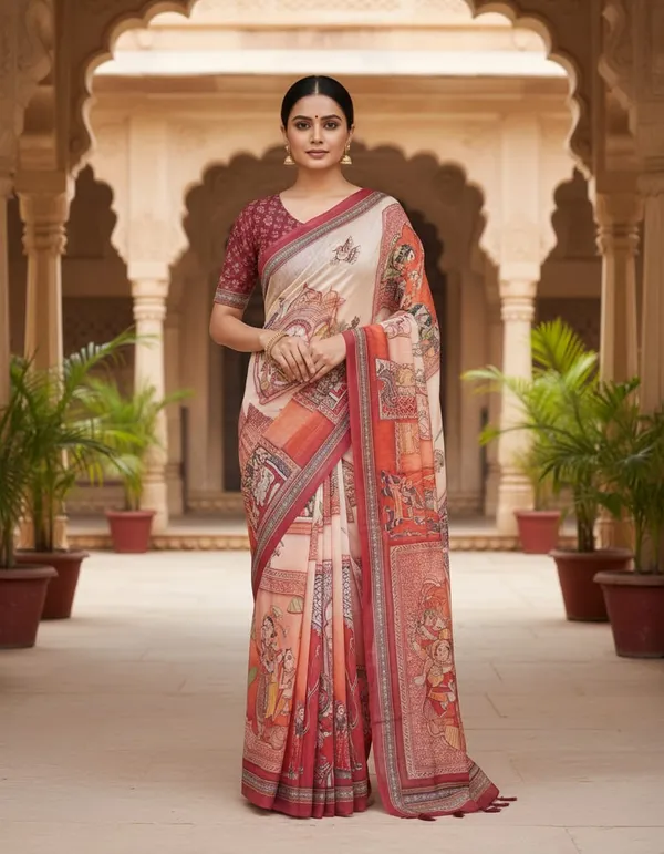 Sunset_Orange_color_Ramayana_inspired_Printed_Chanderi_Cotton_Saree