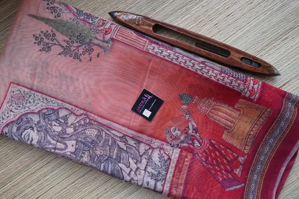 Sunset_Orange_color_Ramayana_inspired_Printed_Chanderi_Cotton_Saree