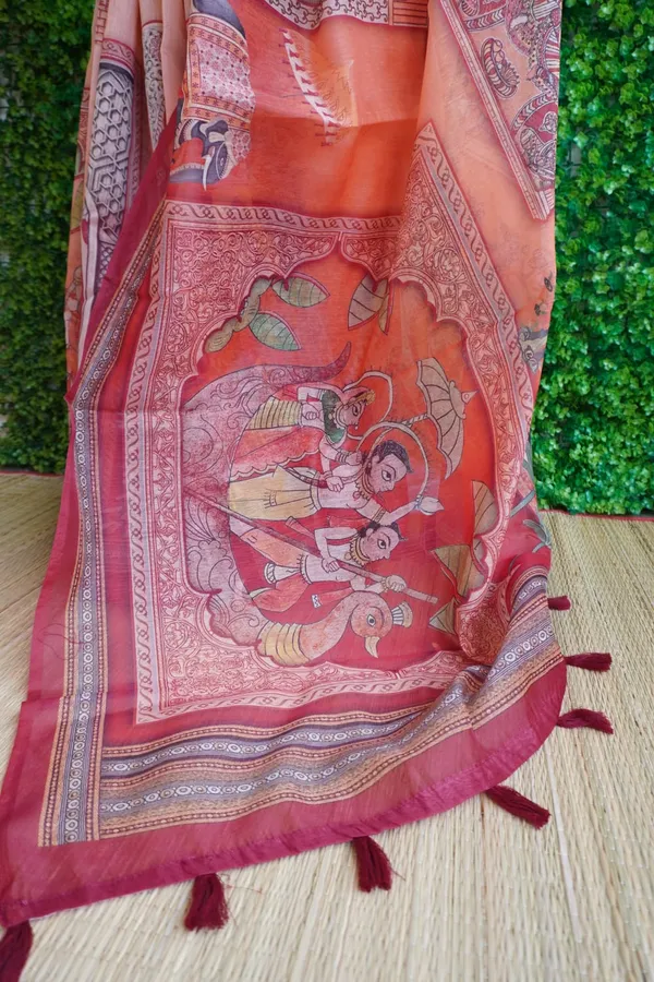 Sunset_Orange_color_Ramayana_inspired_Printed_Chanderi_Cotton_Saree