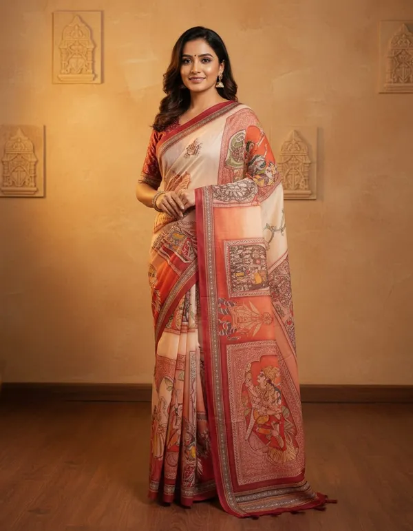 Sunset_Orange_color_Ramayana_inspired_Printed_Chanderi_Cotton_Saree