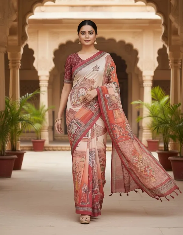 Sunset_Orange_color_Ramayana_inspired_Printed_Chanderi_Cotton_Saree