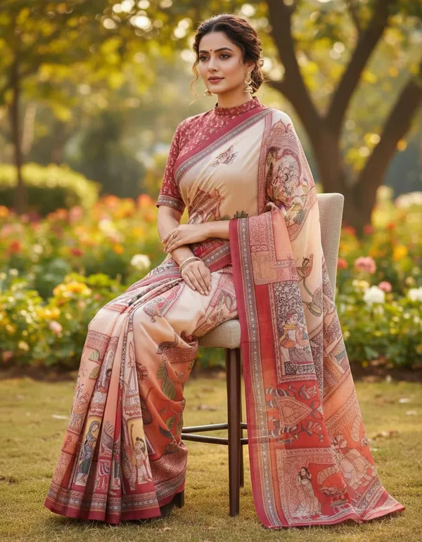 Sunset_Orange_color_Ramayana_inspired_Printed_Chanderi_Cotton_Saree