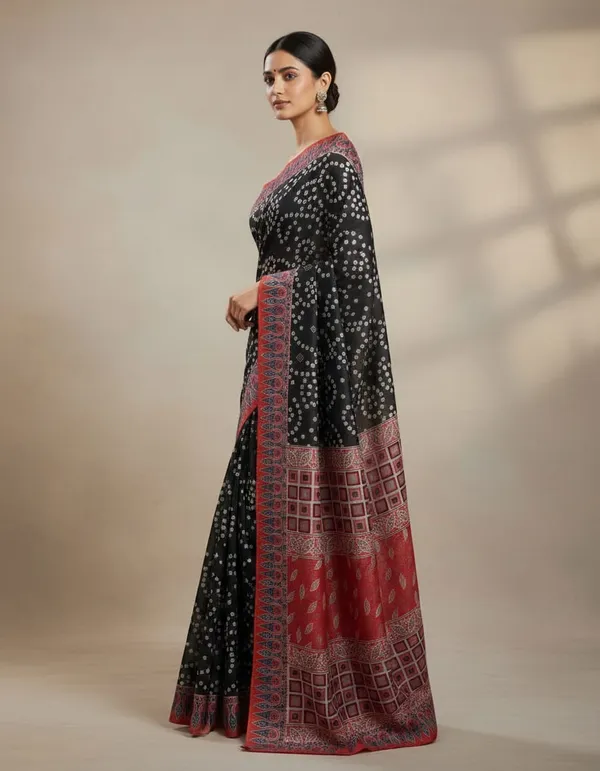 Black_Tusshar_Silk_Bandani_and_Ajarakh_Print_Light_Weight_Saree_for_Women