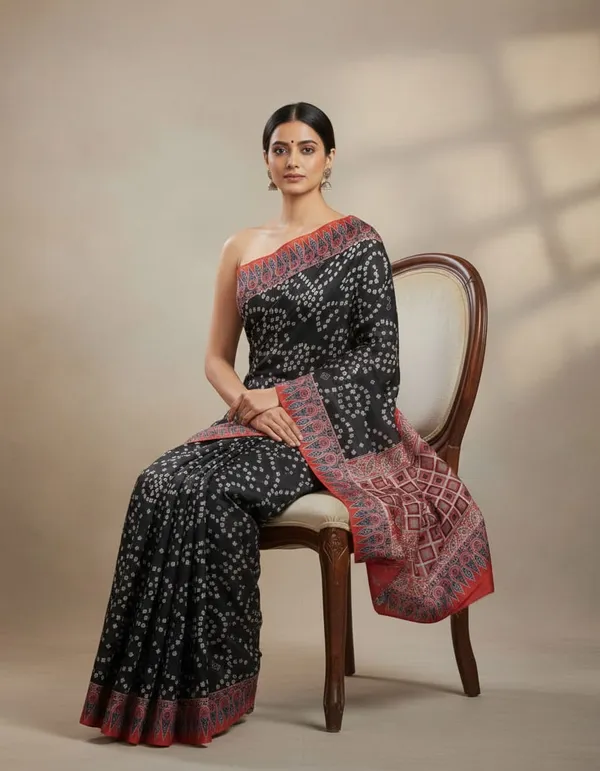 Black_Tusshar_Silk_Bandani_and_Ajarakh_Print_Light_Weight_Saree_for_Women
