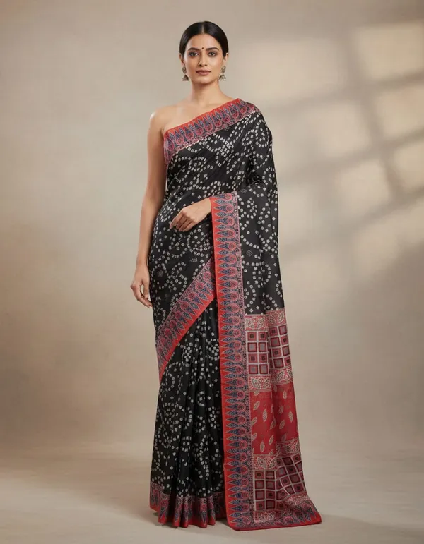 Black_Tusshar_Silk_Bandani_and_Ajarakh_Print_Light_Weight_Saree_for_Women