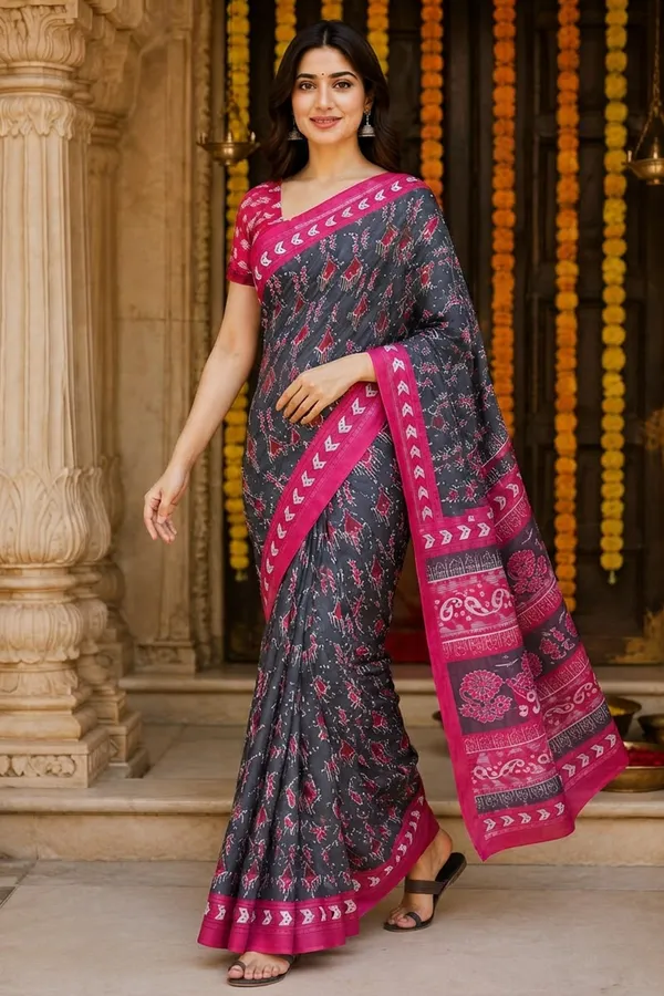 Dark_Grey_color_Pure_Cotton_Printed_Mulmul_Saree