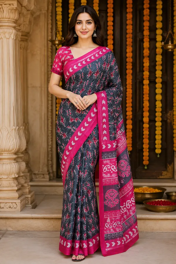 Dark_Grey_color_Pure_Cotton_Printed_Mulmul_Saree