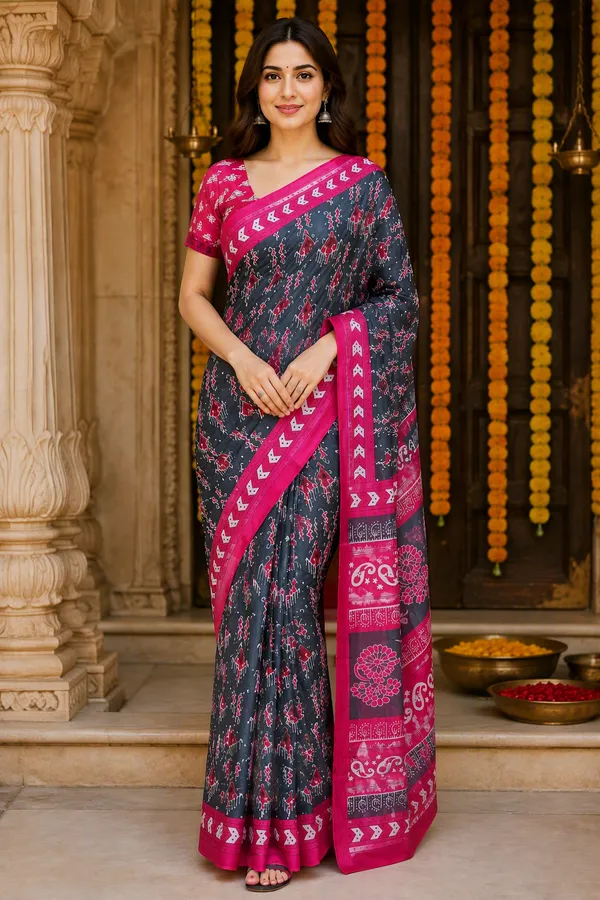 Dark_Grey_color_Pure_Cotton_Printed_Mulmul_Saree