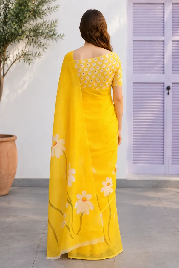 Yellow_color_Beautiful_Flower_Print_Linen_Cotton_Saree