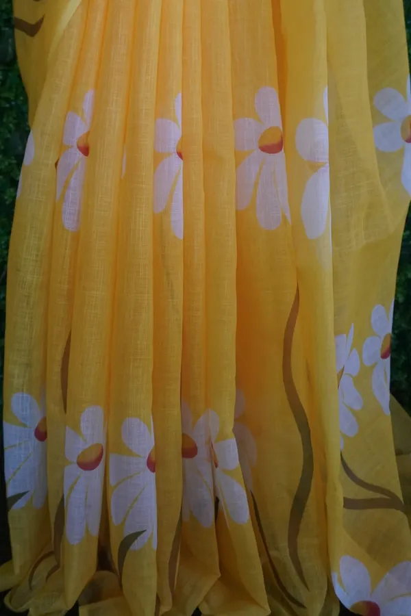 Yellow_color_Beautiful_Flower_Print_Linen_Cotton_Saree