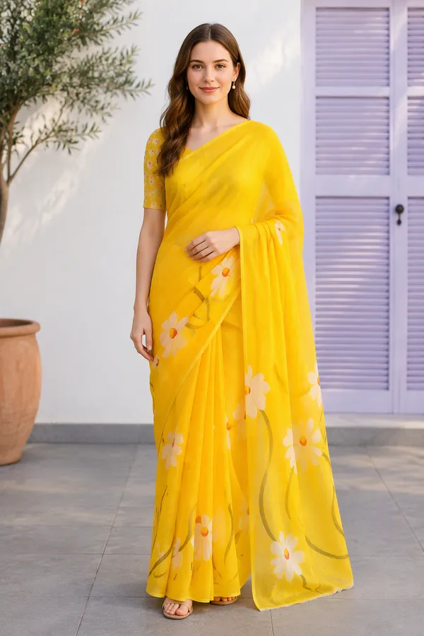 Yellow_color_Beautiful_Flower_Print_Linen_Cotton_Saree