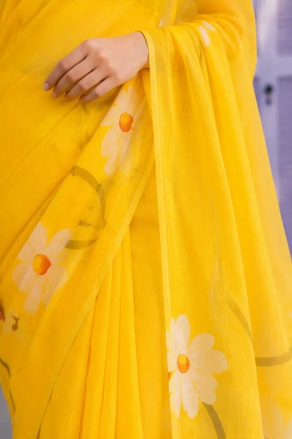 Yellow_color_Beautiful_Flower_Print_Linen_Cotton_Saree
