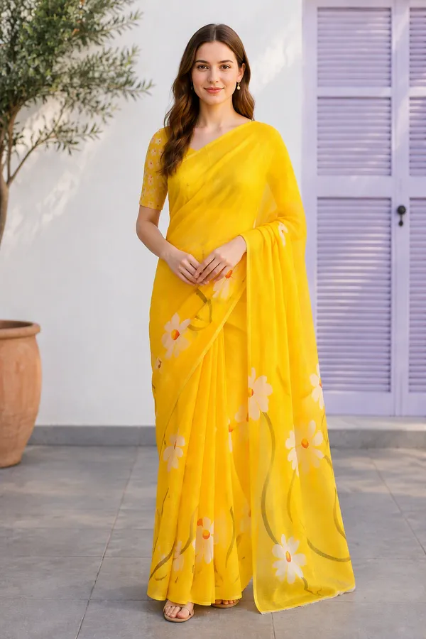 Yellow_color_Beautiful_Flower_Print_Linen_Cotton_Saree