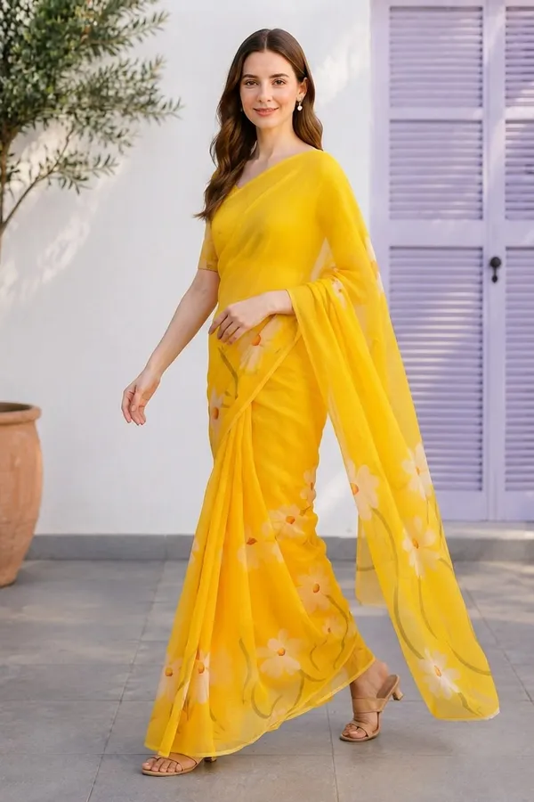 Yellow_color_Beautiful_Flower_Print_Linen_Cotton_Saree