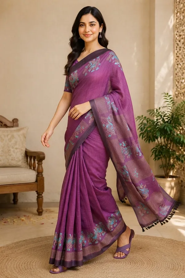 Purple_color_Tusshar_Silk_Beautiful_Printed_Saree