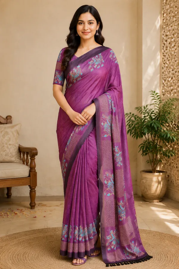 Purple_color_Tusshar_Silk_Beautiful_Printed_Saree