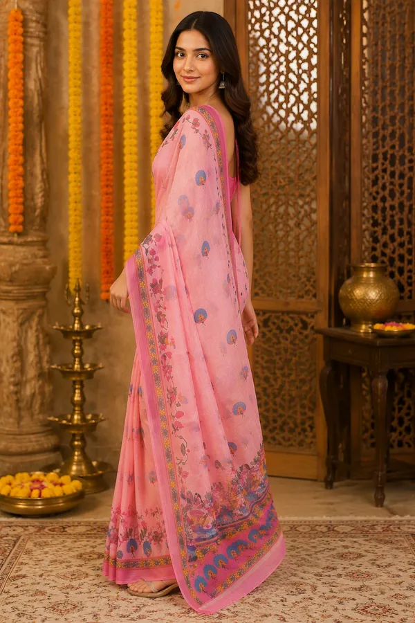 Pink_color_Beautiful_Peacock_and_Lotus_Printed_Cotton_Casual_Light_Weight_Saree