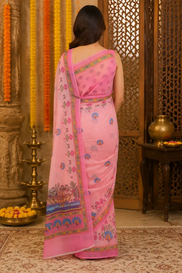Pink_color_Beautiful_Peacock_and_Lotus_Printed_Cotton_Casual_Light_Weight_Saree