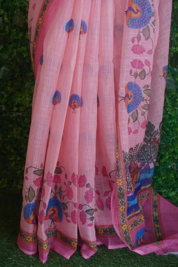 Pink_color_Beautiful_Peacock_and_Lotus_Printed_Cotton_Casual_Light_Weight_Saree