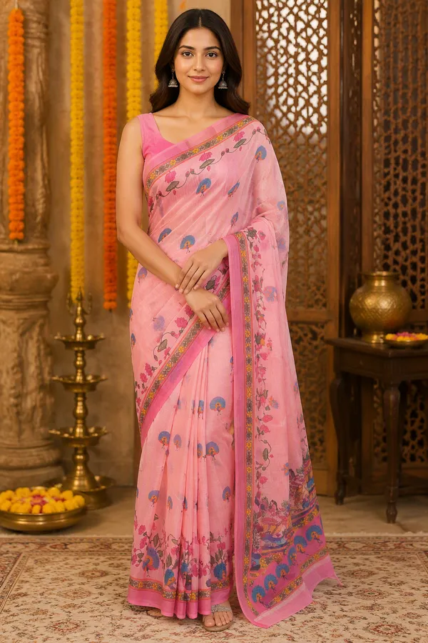 Pink_color_Beautiful_Peacock_and_Lotus_Printed_Cotton_Casual_Light_Weight_Saree