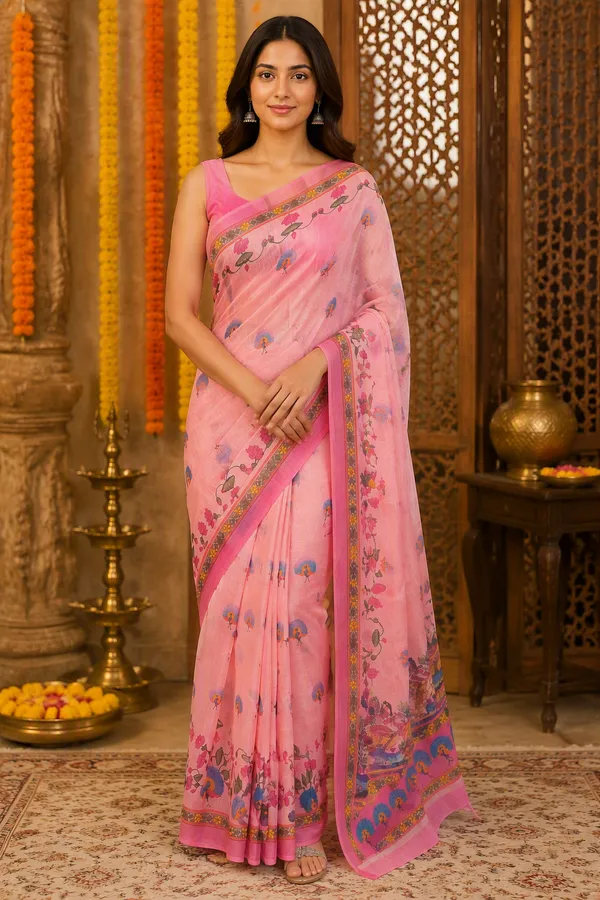 Pink_color_Beautiful_Peacock_and_Lotus_Printed_Cotton_Casual_Light_Weight_Saree