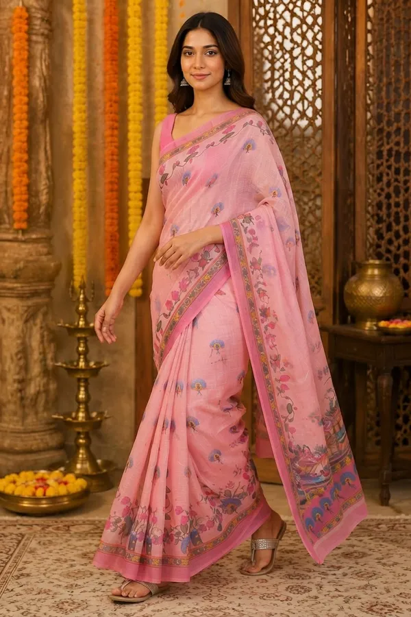 Pink_color_Beautiful_Peacock_and_Lotus_Printed_Cotton_Casual_Light_Weight_Saree